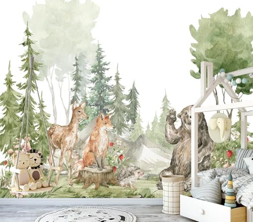 Adorable Watercolor Woodland Animal Friends Nursery Wallpaper by Unknown