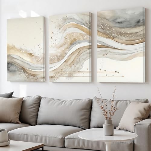 AVECCO Triptych Abstract Gold Grey Wave Wrapped Wall Art Canvas 24x36 Inch - Image 5