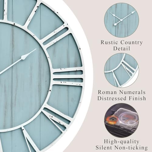 EMAX HOME Large Farmhouse Wall Clock 30 Inch Vintage Blue Wooden Wall Clock - Image 6