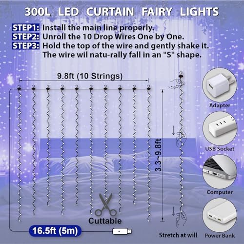 HXWEIYE 300LED Fairy Curtain Lights, 9.8x9.8Ft USB, 8 Modes & Timer - Image 5