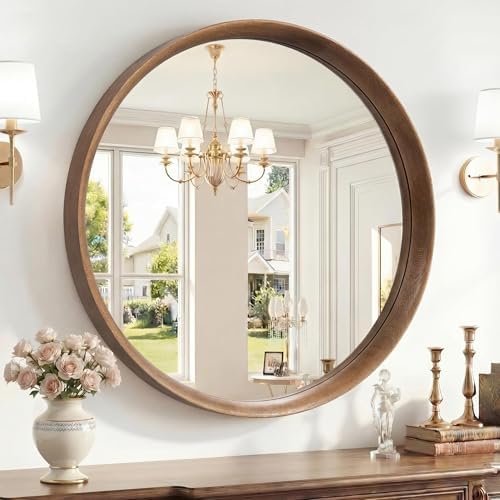 Brakki Round Wall Mirror with Wood Frame by BRAKKI