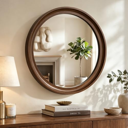 Round Wood Mirror, Walnut Brown by LawadaMirror