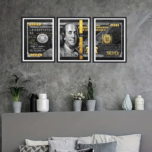 Money Wall Art Canvas Black Framed 100 Dollar Bill Painting 3 Panels - Image 3