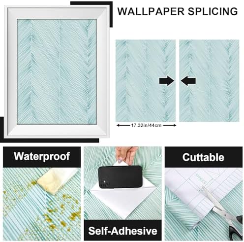 Modern Peel and Stick Wallpaper 17.3"x120" Teal Green Herringbone Striped Wall - Image 2