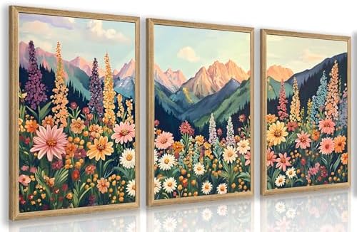 Hianan Wood Framed Boho Moutain Wildflower Wall Art Set of 3, 12x16 in by Unknown