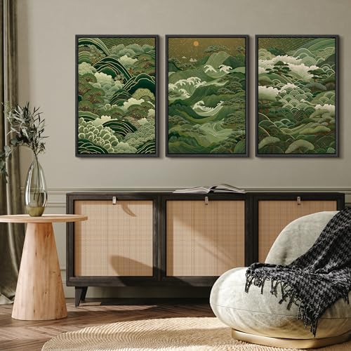 MUDECOR Framed Canvas Print Wall Art Japanese Forest Landscape Green Waves and - Image 4