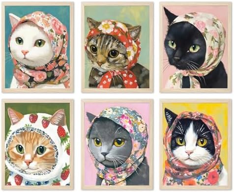 Funny Cat Poster Set of 6, Whimsical Babushka Cats Wall Art Eclectic Lover Cat by TransformYourWallsElevateYourStyle