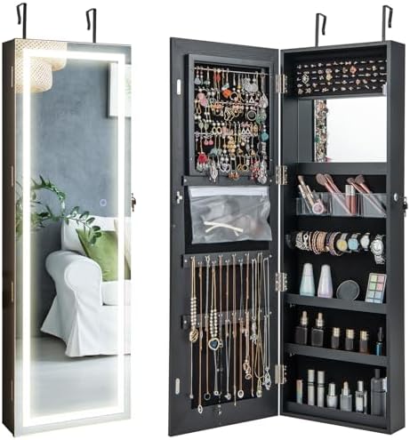 CHARMAID LED Mirror Jewelry Cabinet, 47.2'' Jewelry Armoire by CHARMAID