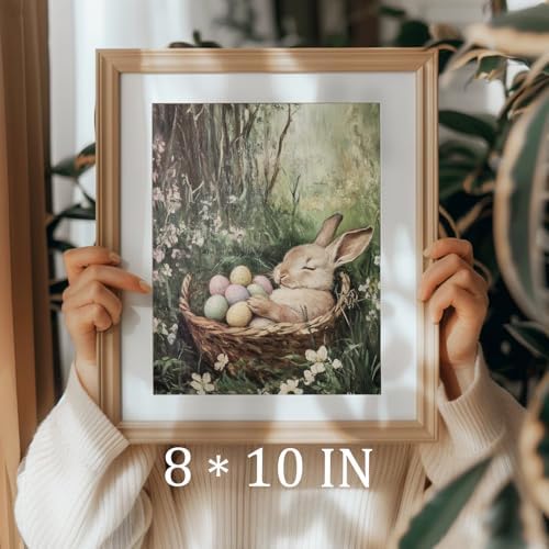 uniro Vintage Easter Rabbit Canvas Wall Art Print, Coloured Eggs and Bunny - Image 3