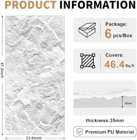 6 Pack Faux Stone 3D Wall Panels White 47.2x23.6 Inch Cement Texture Thicker - Image 2