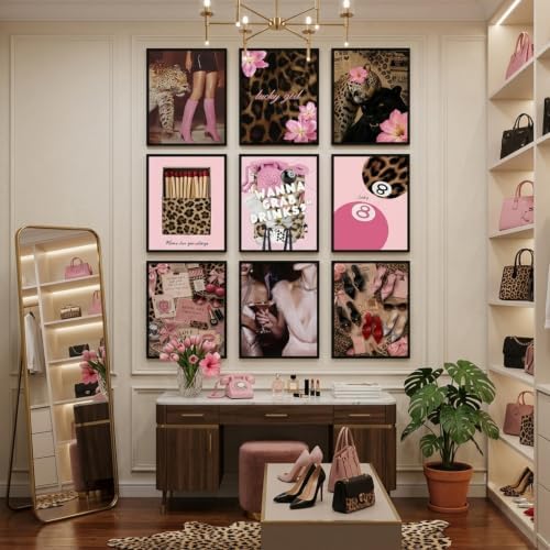 ZBMYYGO 9Pcs Pink Trendy Girls Retro Leopard Canvas Wall Art, Preppy Cheetah - Image 5