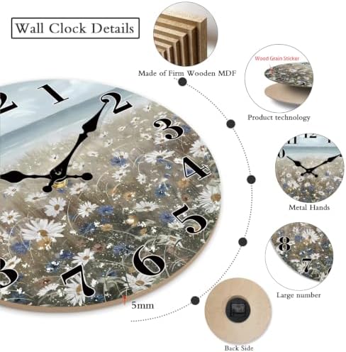 XFM 12 Inch Vintage Daisy Wildflowers Wall Clocks Battery Operated - Image 3