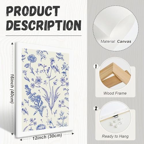 LYPHNX Framed Blue White Chinoiserie Floral Canvas Wall Art Navy Watercolor - Image 3