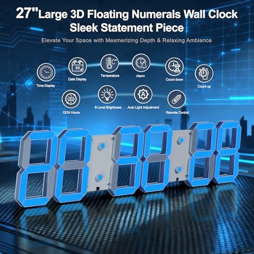 CHKOSDA 27" Large Digital Wall Clock, 3D LED Wall Clock - Image 2