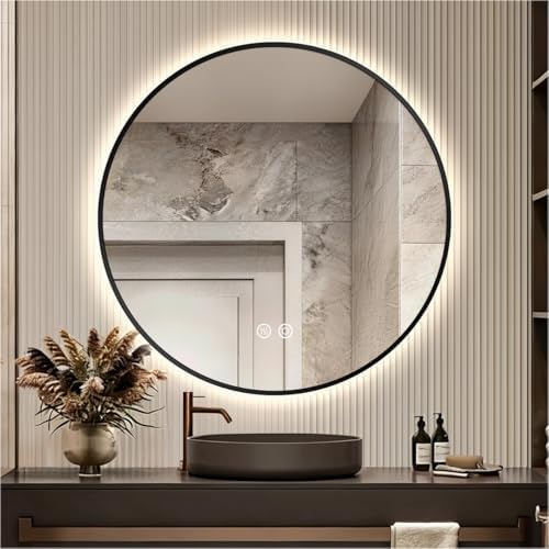 32" H x 32" W Black Framed Round LED Backlit Mirror by SIEANE