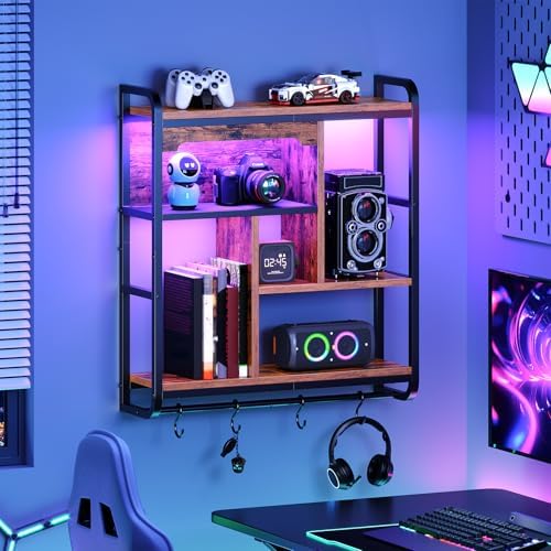 HOOBRO Gaming Floating Shelves for Wall, 26.4" LED wall Shelf Display Rack by HOOBRO