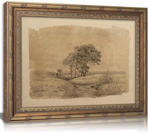Vintage Gold Framed Sepia Country Landscape Sketch Wall Art, Rustic Tree Grove by HPZFEIJJWallArt
