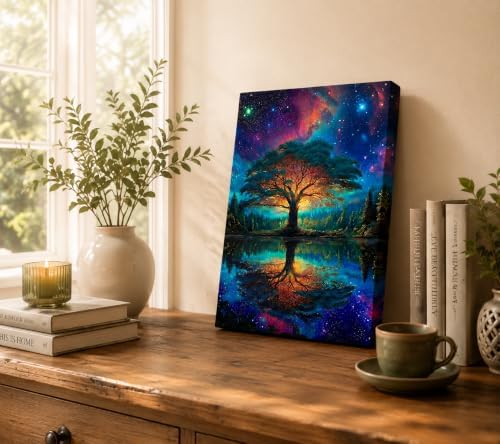 Framed Canvas Tree of Life Wall Art, Vibrant Galaxy Tree Lake Reflection Poster - Image 4