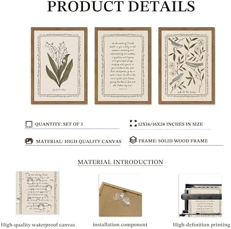 Framed Vintage Botanical Wall Art Set of 3, Lily of the Valley and Bird Nature - Image 5