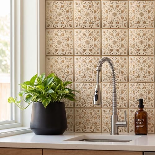 36 Pack of 8 x 8" Wallpaper Tiles Peel and Sitck in White and Gold Leaves - Image 4