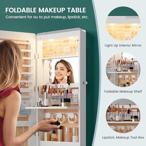 HNEBC Full Length Mirror with Storage, Wall Mounted Jewelry Cabinet with Lights - Image 4