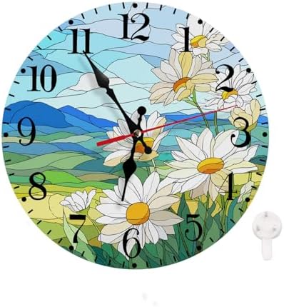 Wall Clock, Colorful Stained Glass White Daisy Silent Non Ticking Clock by Unknown