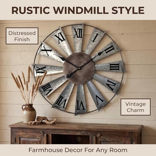 Mrocioa Windmill Distressed Metal Wall Clocks Rustic Large Decorative Clock - Image 2