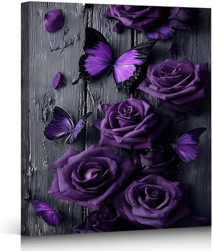 ZERILYN Ship Next Day Purple Rose Wall Art Canvas Prints Butterfly Canvas Art by ZERILYN