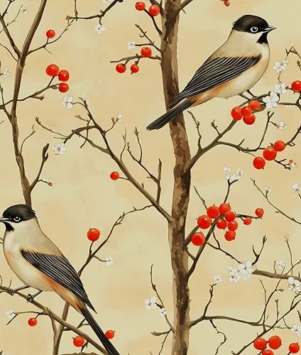 Laatse Vintage Yellow Red Bird Floral Botanical Wallpaper 17.5"x393" by Laatse