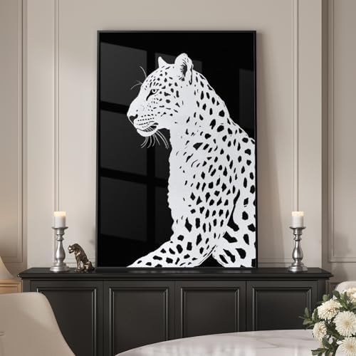 Large Framed Modern Black and White Leopard Wall Art, 1 Piece 24x36 In by Cuspin