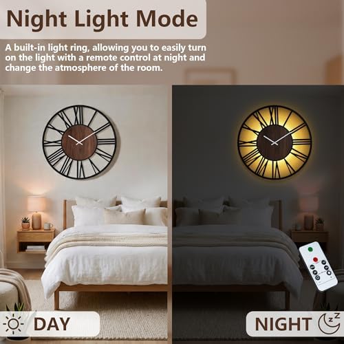 20Inch Large Lighted Wood Wall Clock Remote Control, Roman Numeral Modern - Image 4