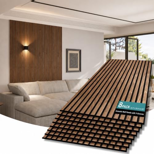 V-Groove Wood Slat Acoustic Panels, 62.4 Sq Ft Self-Adhesive Soundproof Wall by AKK-ART