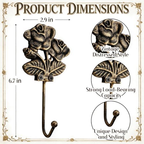 Hicarer 3 Pcs Cast Iron Antique Gold Rose Wall Hooks - Image 2