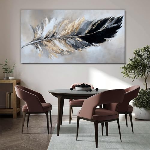 YISXINOAG Black Gold Abstract Wall Art Minimalist Feather Canvas 24"X48" - Image 6