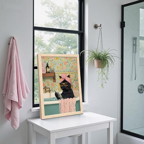ICHZUMW Framed Funny Black Cat in Bathtub Canvas Bathroom Wall Art 16x24 In - Image 6