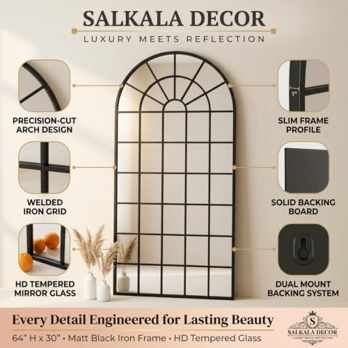 64x30Inch Large Arched Window Pane Mirror| Black Arched Mirrors - Image 4