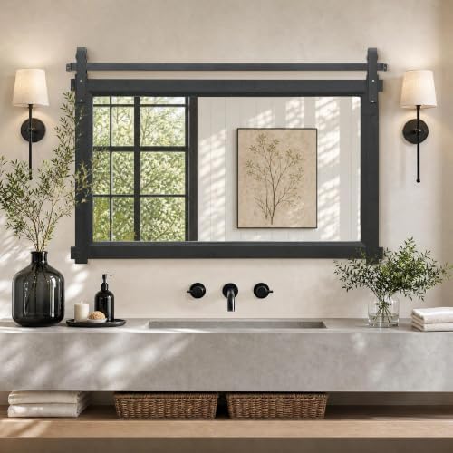 Besdomus Farmhouse Bathroom Vanity Mirror: 42"x28" Black Rustic Barn Door by Besdomus