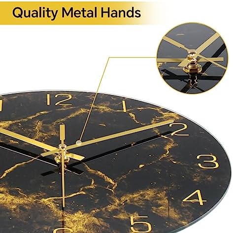 VIKMARI 12" Black Gold Marble Silent Wall Clock Bathroom Living Room Decor - Image 2