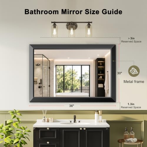 Black Bathroom Mirror for Over Sink, 30x36Inch Thick Anti-Rust Metal Frame - Image 2