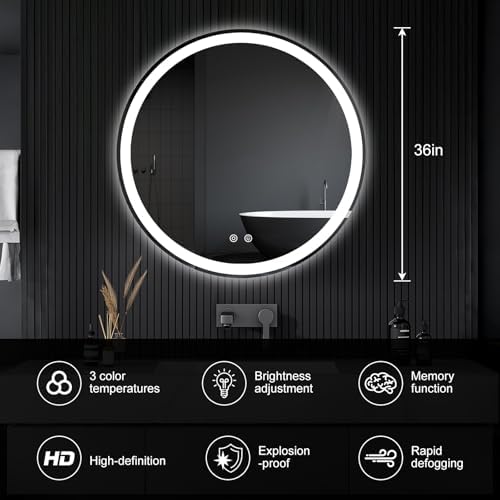 36 Inch LED Bathroom Mirror, Round Wall Mount Vanity Mirror - Image 2