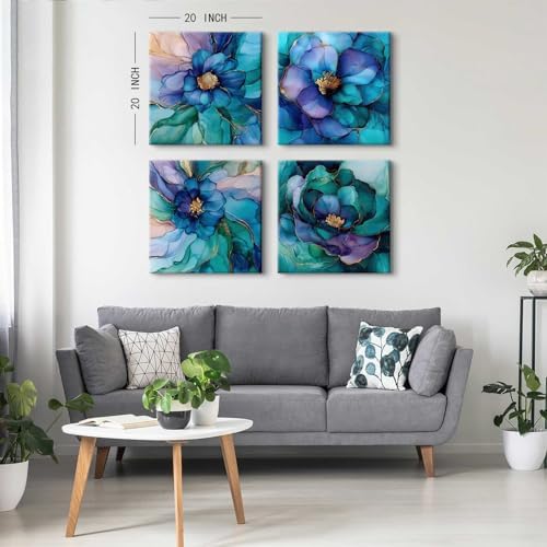 Teal Blue and Gold Canvas Wall Art Abstract Wall Decor Flowers Picture Colorful - Image 3