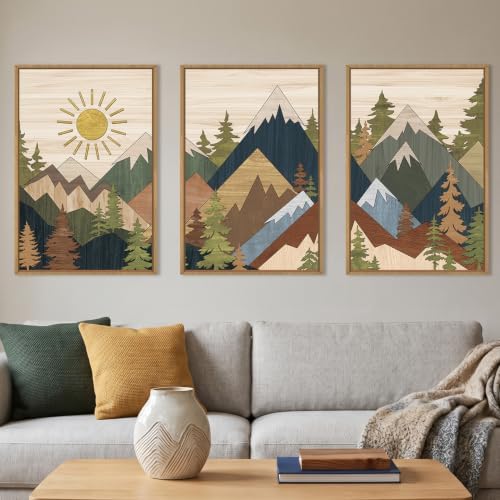 Large Abstract Mountain Woodcut Framed Canvas Wall Art, Vintage Pine Tree Wall by Unknown