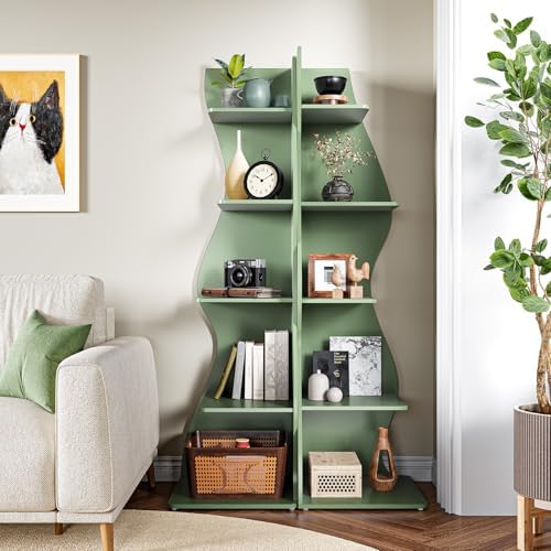 LITTLE TREE Small Corner Shelf, Modern 5-Tier Wall Wavy Corner Bookshelf - Image 2