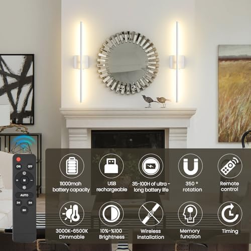 Rechargeable Battery Operated Wall Sconces, 11000mAh Wireless White Wall Lights - Image 2