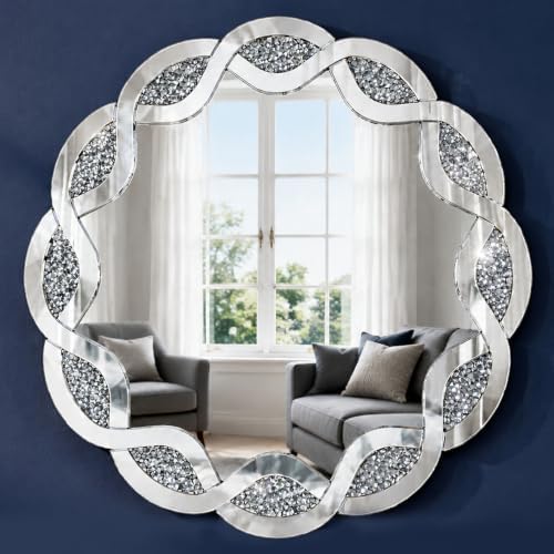 Elegant Round Wall Mirror Crushed Diamond Frame, Sparkling Crystal Luxury Mirror by MONNIYU