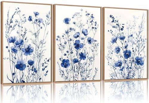 FWIEXA Blue White Wildflower Canvas Wall Art Set of 3, Framed Navy Chinoiserie by FWIEXA