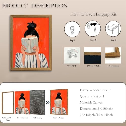 Abstract Framed Wall Art Reading Woman Canvas Print Bold Orange Wall Decor - Image 6
