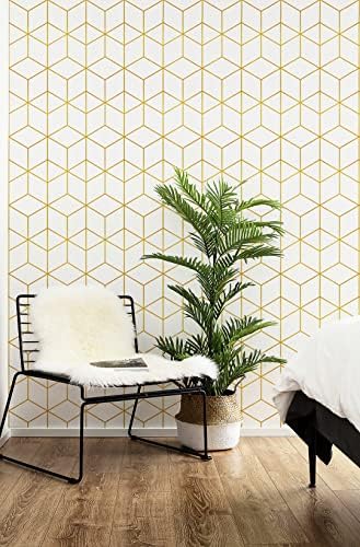 Safiyya 590"x17.3" Wallpaper Gold and White Peel and Stick Wallpaper Geometric by SAFIYYA