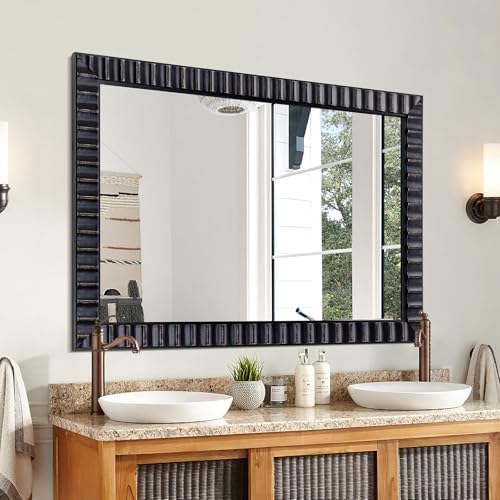 Wooden Large Living Room Mirror, Rectangular Relief Frame, Farmhouse Modern by AutdotWallMirrors