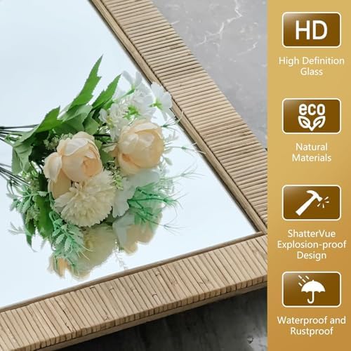 Decorative Rattan Wall Mirror, Boho Bathroom Modern Makeup Mirror, Rustic Wall - Image 5